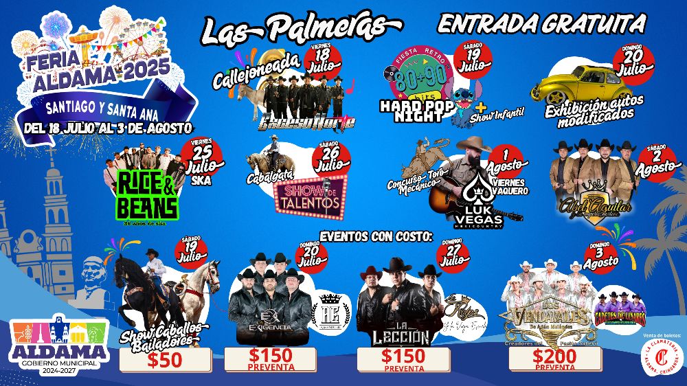 Cartelera Feria Santiago y Santa Ana Aldama 2025
