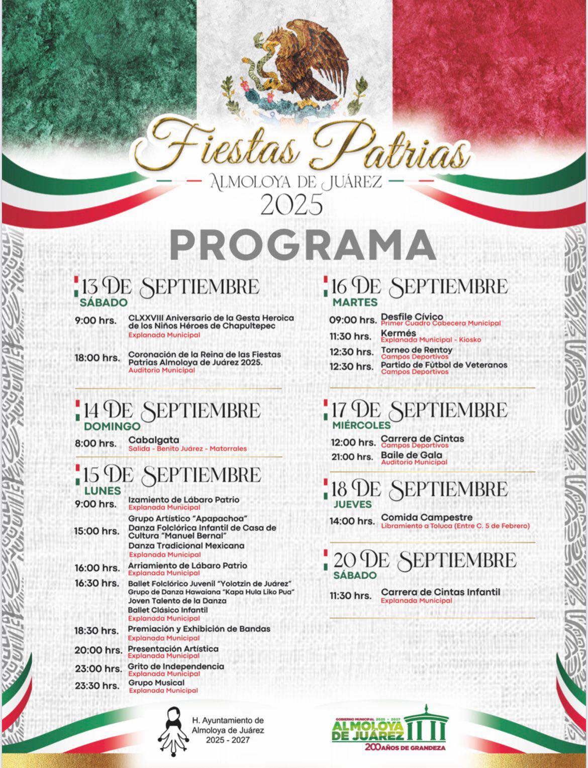 Programa Fiestas Patrias Almoloya de Juárez 2025