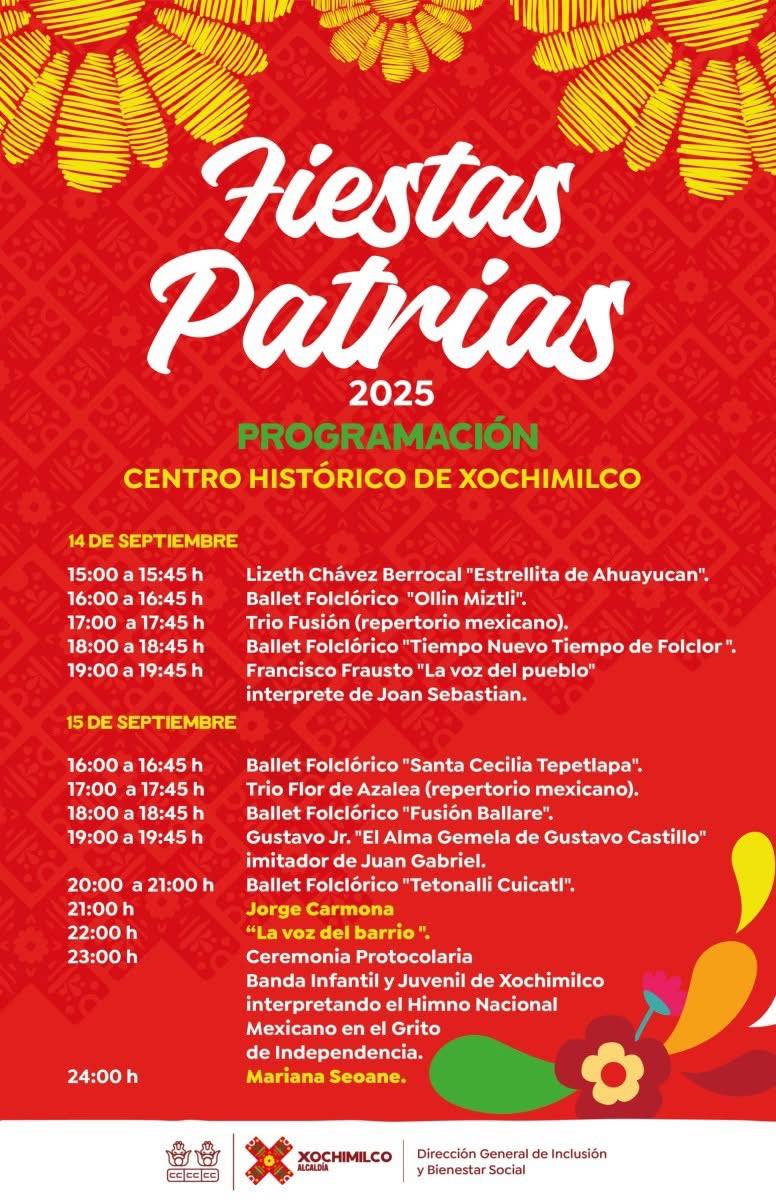 Programa completo Grito de Independencia 2025 en la Alcaldía Xochimilco