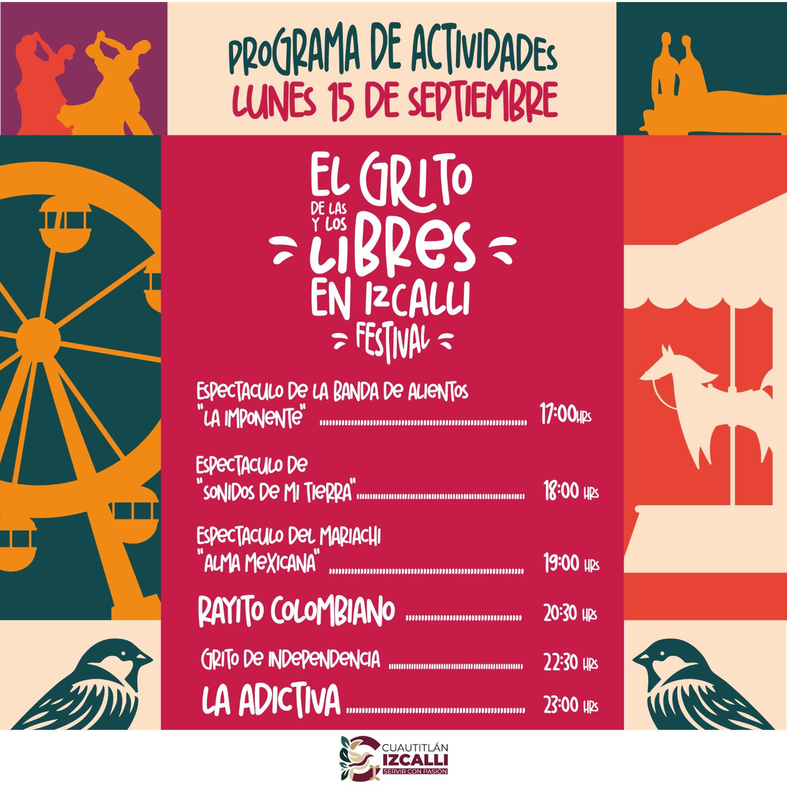 Programa Lunes 15 septiembre Fiestas Patrias Cuautitlán Izcalli 2025