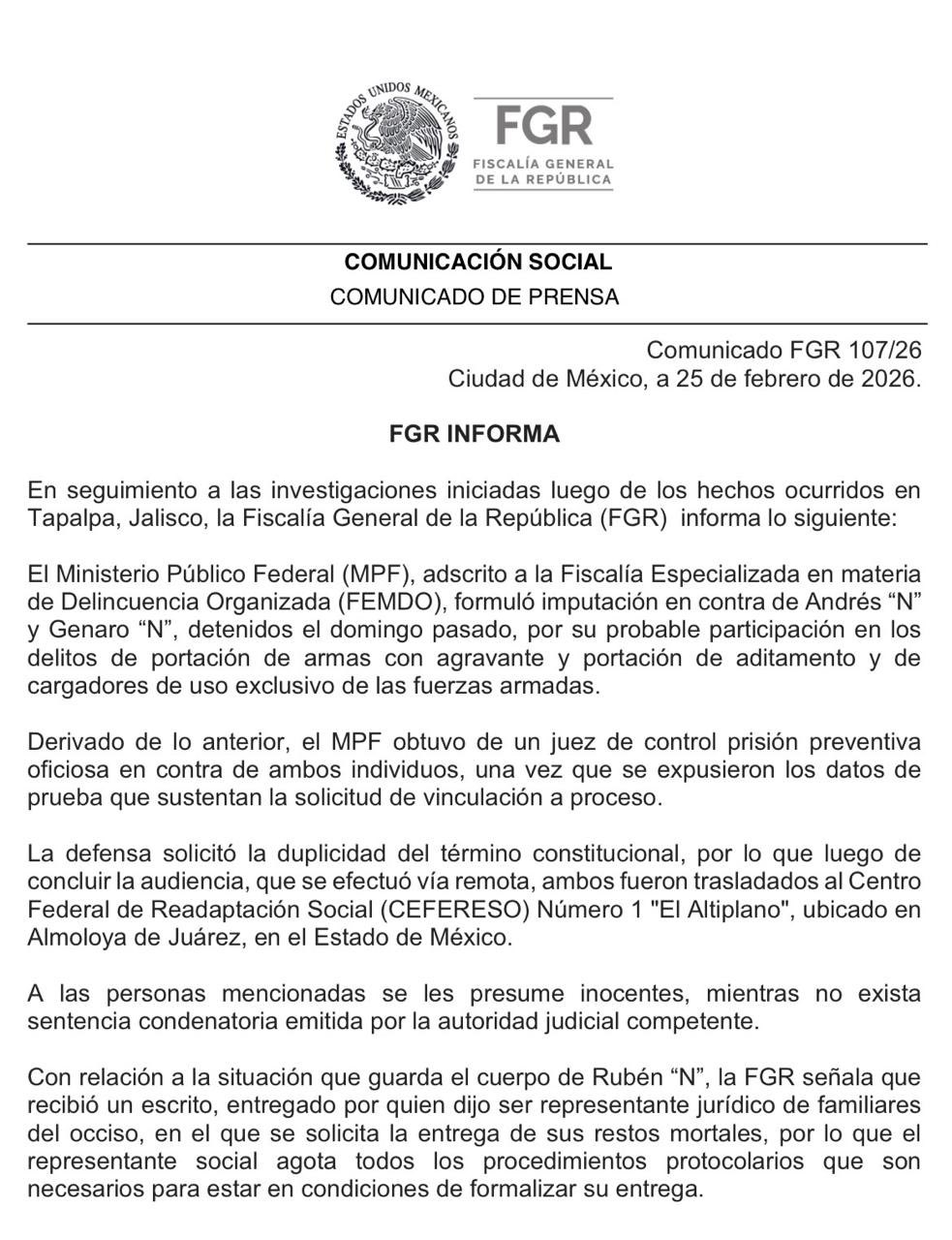 FGR confirma que fue reclamado el cuerpo de Rubén Oseguera Cervantes, “El Mencho”