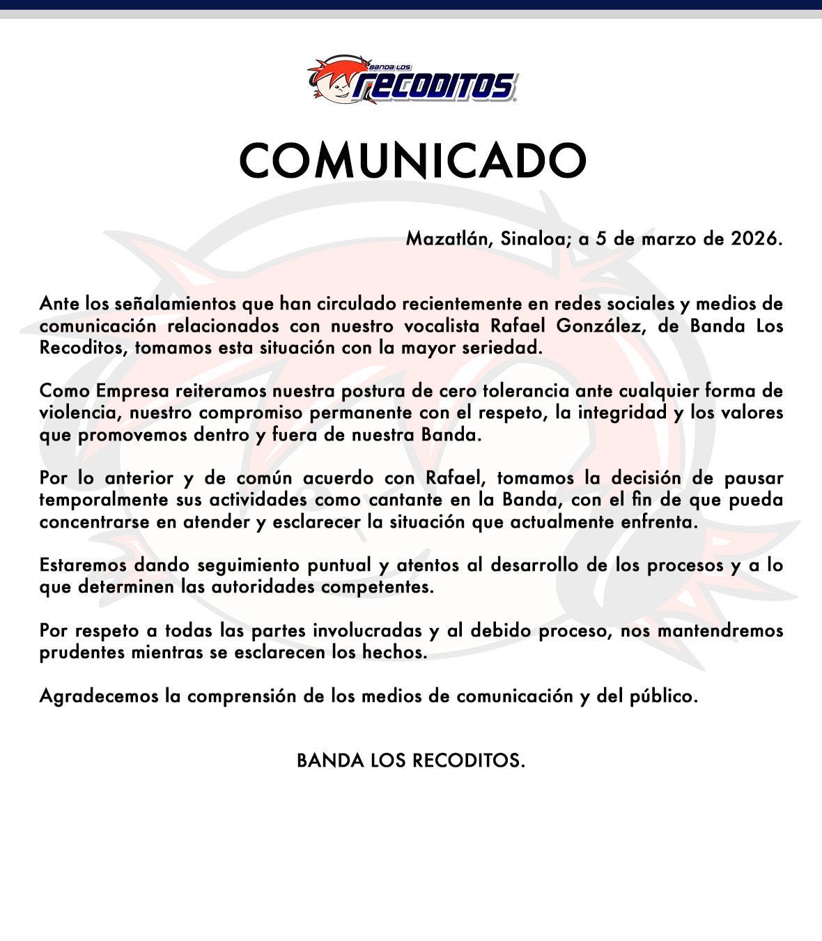 Oficina de Banda Los Recoditos emite comunicado