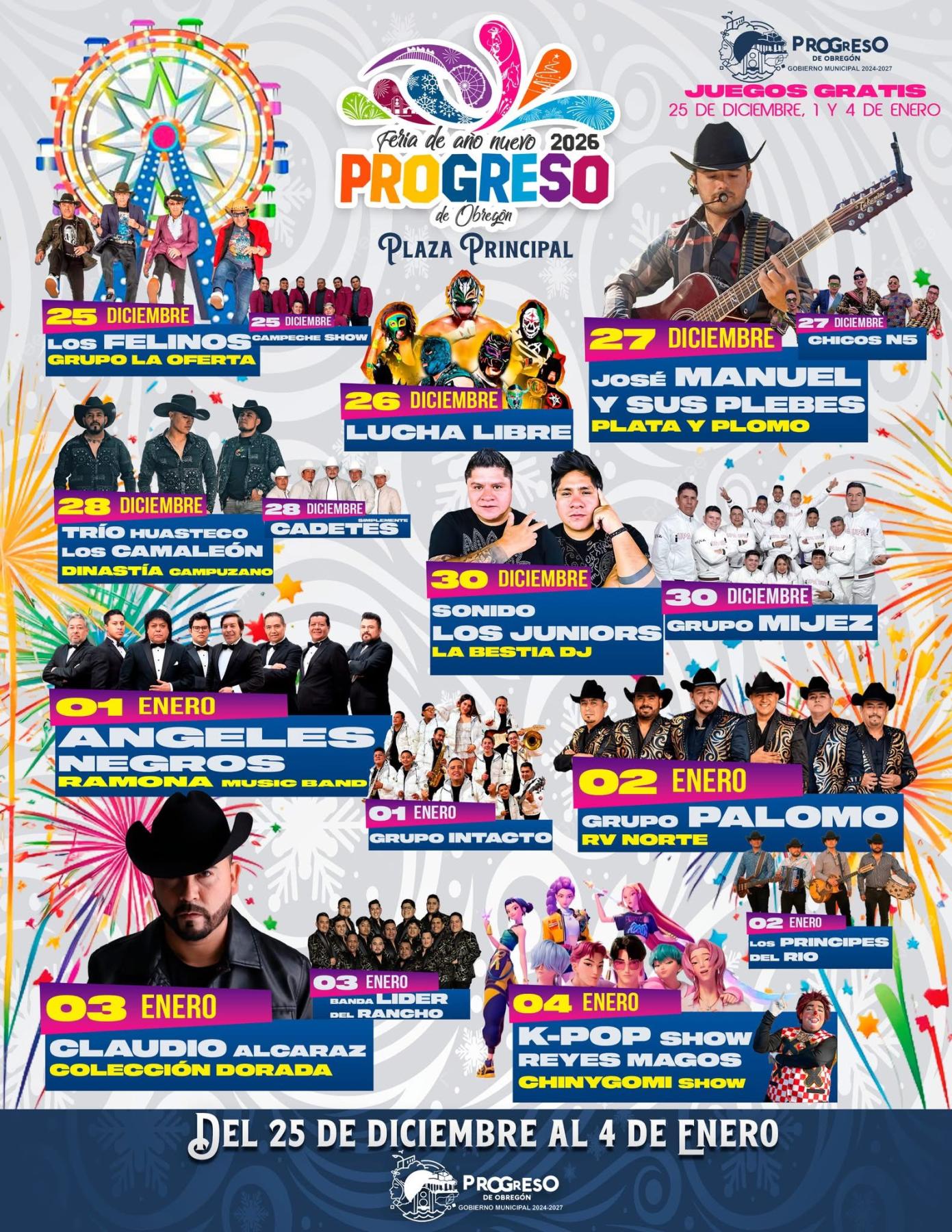 Cartelera de la Feria de Año Nuevo Progreso de Obregón 2026