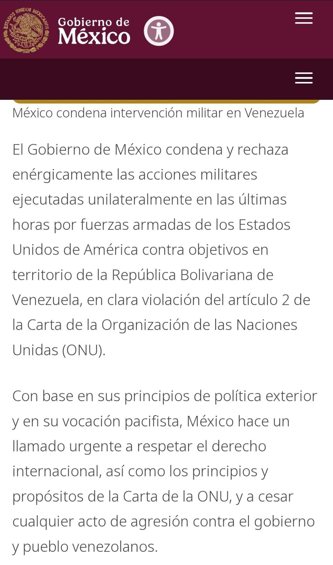 Comunicado del Gobierno de México sobre la detención de Nicolás Maduro 