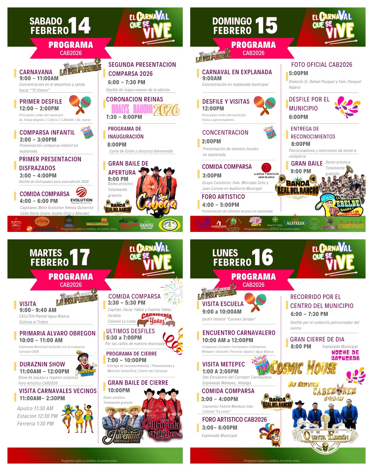 Programa completo Carnaval Agua Blanca 2026