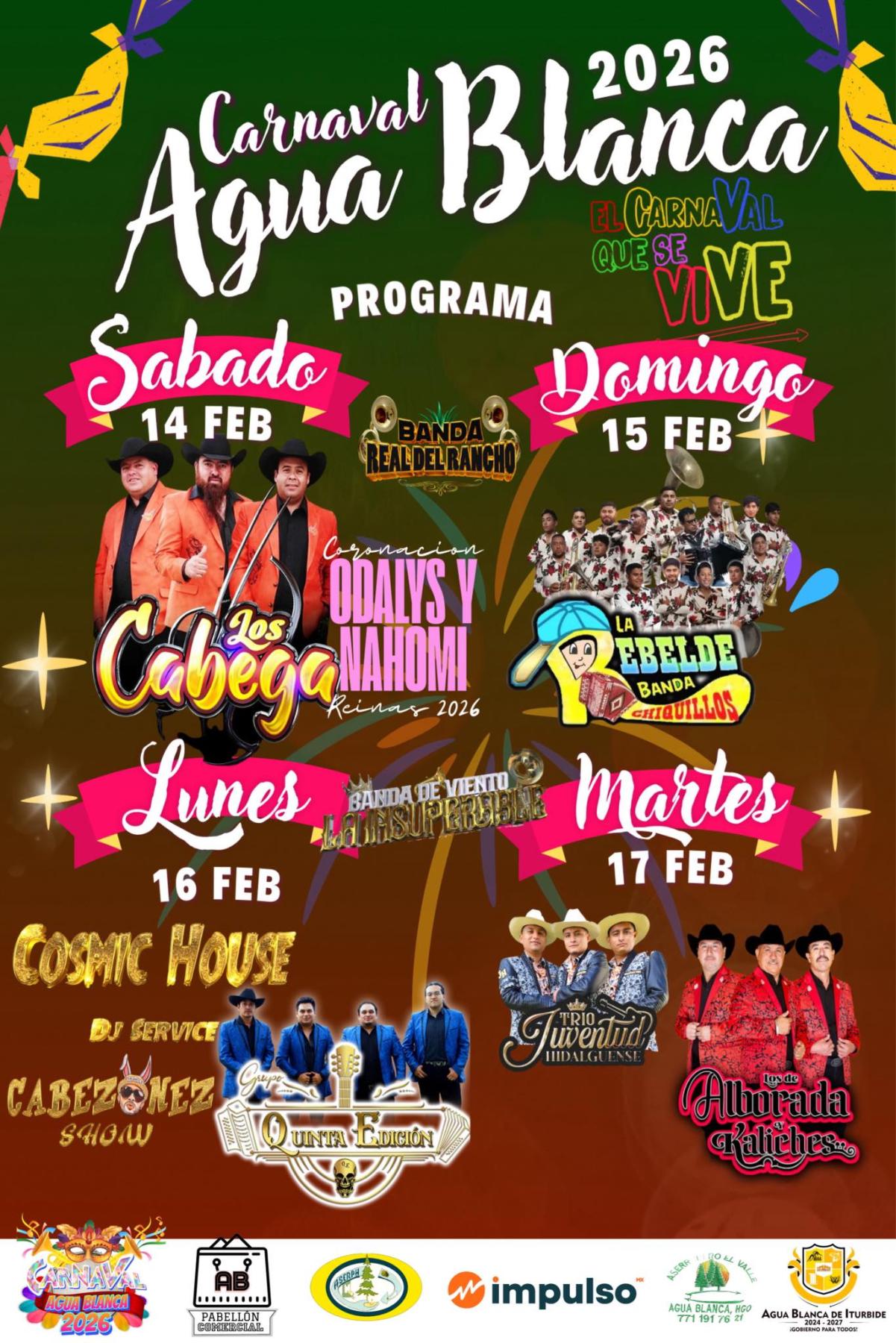 Cartelera estelar Carnaval Agua Blanca 2026