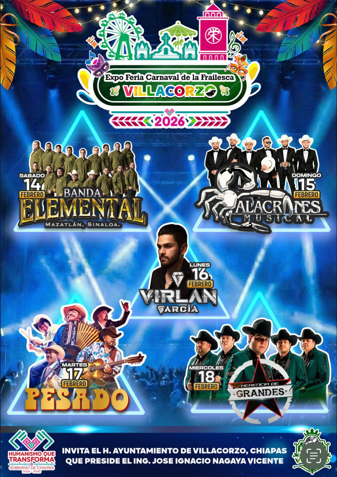 Cartelera de masivos - Expo Feria Carnaval Villa Corzo 2026