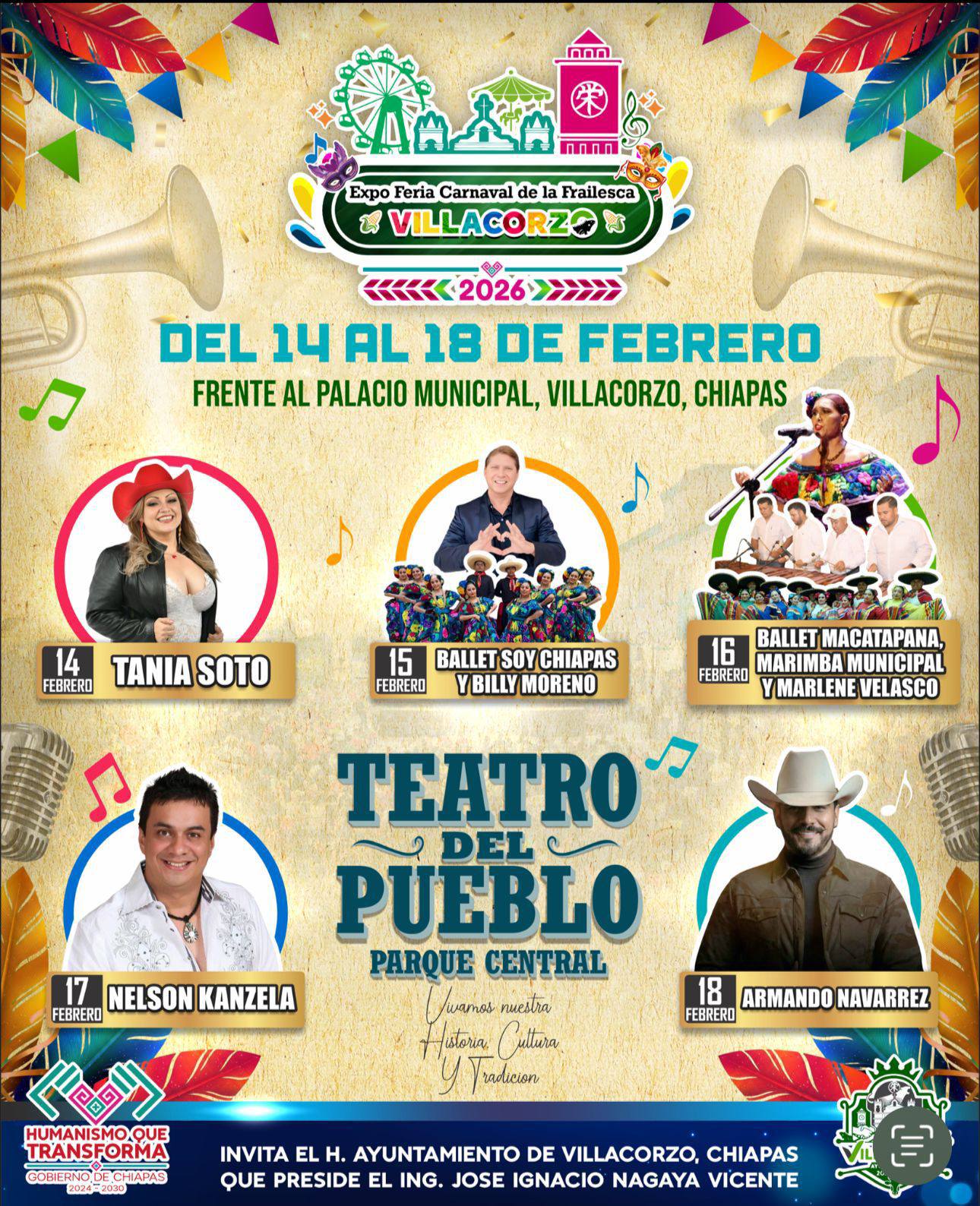 Cartelera Teatro del Pueblo - Expo Feria Carnaval Villa Corzo 2026