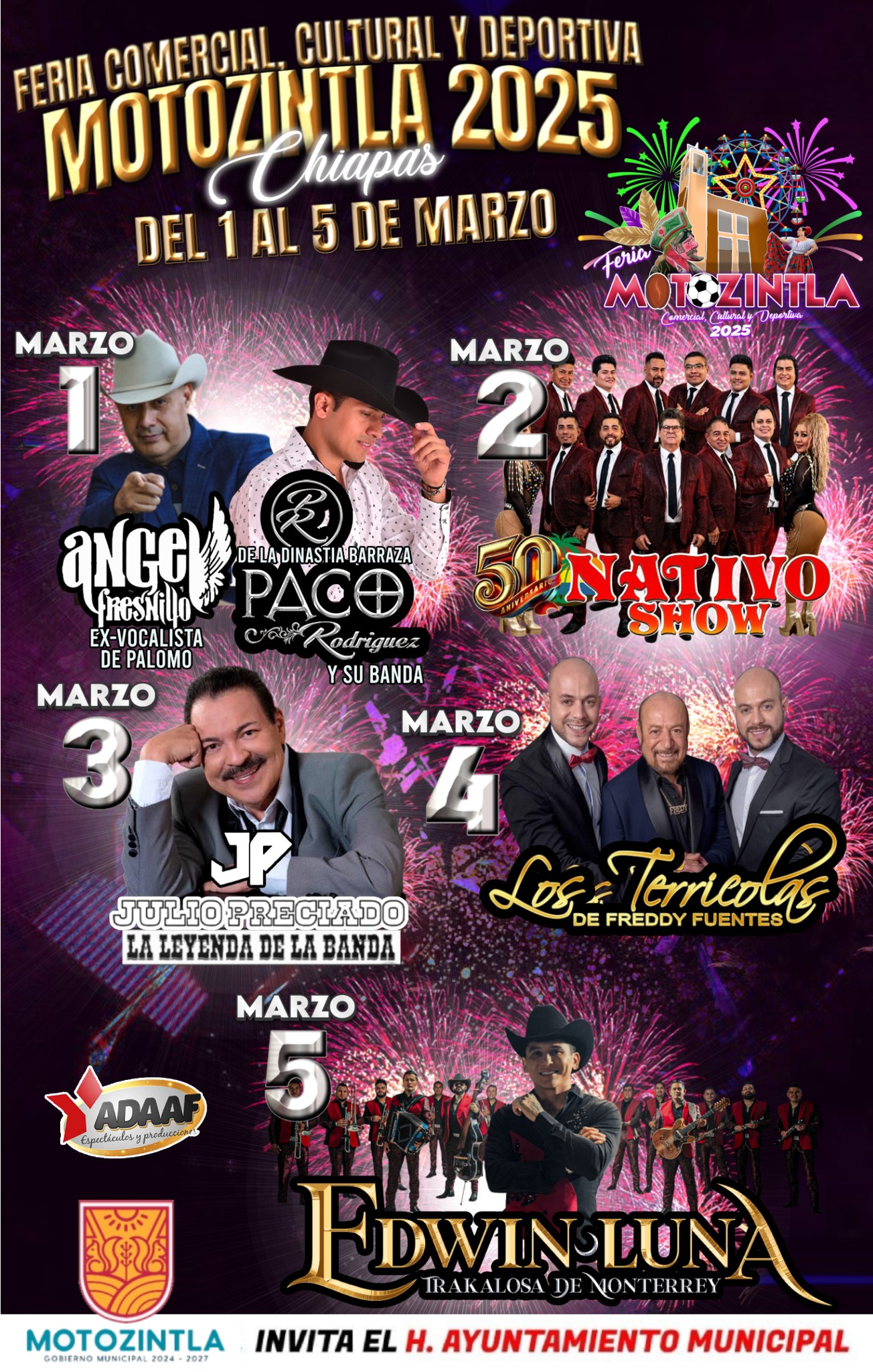 Feria Motozintla 2025: Cultura, Música y Diversión en Chiapas La Feria Motozintla 2025 es uno de los eventos más esperados del año en el estado de Chiapas. Con una mezcla perfecta de cultura, entretenimiento y actividades deportivas, esta feria reúne a miles de visitantes que buscan disfrutar de espectáculos de primer nivel, gastronomía tradicional y un ambiente inigualable. Motozintla, una ciudad conocida por su riqueza cultural y su gente hospitalaria, se viste de fiesta del 1 al 5 de marzo para ofrecer a locales y turistas una experiencia inolvidable. La Feria Motozintla 2025 se consolida como un punto de encuentro para la música regional mexicana, la convivencia familiar y la expresión artística de la región. Espectáculos y Cartelera de la Feria Motozintla 2025 Este año, la Feria Motozintla 2025 contará con la participación de artistas de renombre en la escena musical. Cada día del evento traerá consigo presentaciones de distintos géneros, desde banda hasta música romántica, garantizando que haya algo para todos los gustos. Los asistentes podrán disfrutar de conciertos gratuitos, juegos mecánicos, exposiciones culturales y comerciales, además de la exquisita gastronomía local, con platillos típicos de Chiapas que deleitarán a todos. A continuación, presentamos la cartelera oficial de la Feria Motozintla 2025: Cartelera Oficial 1 de marzo: Ángel Fresnillo (Ex-vocalista de Palomo) Paco Rodríguez y su Banda (De la Dinastía Barraza) 2 de marzo: 50 Nativo Show 3 de marzo: Julio Preciado (La Leyenda de la Banda) 4 de marzo: Los Terrícolas de Freddy Fuentes 5 de marzo: Edwin Luna y La Trakalosa de Monterrey Con este impresionante elenco, la Feria Motozintla 2025 promete ser una de las mejores ediciones de los últimos años. No te pierdas la oportunidad de disfrutar de la cultura, la música y la alegría que solo Motozintla sabe ofrecer. ¡Te esperamos del 1 al 5 de marzo para vivir una experiencia inolvidable!