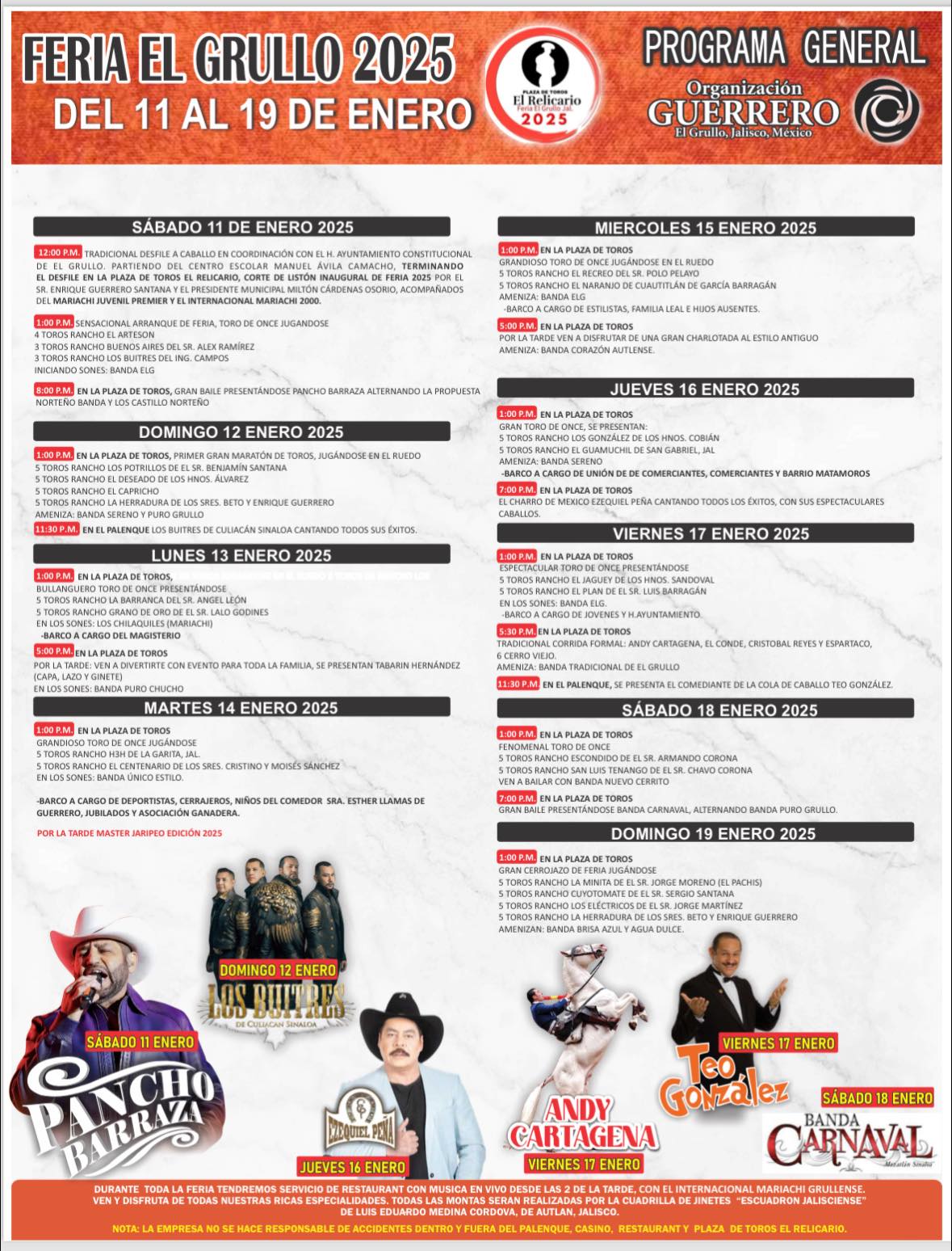 Feria El Grullo 2025, Programa Plaza de Toros