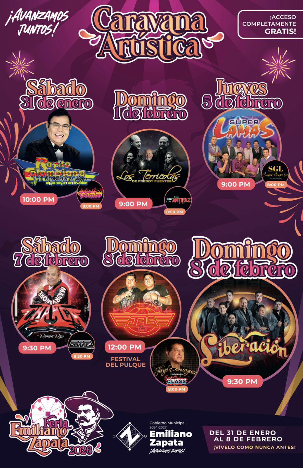 Cartelera artística Feria Emiliano Zapata Hidalgo 2026