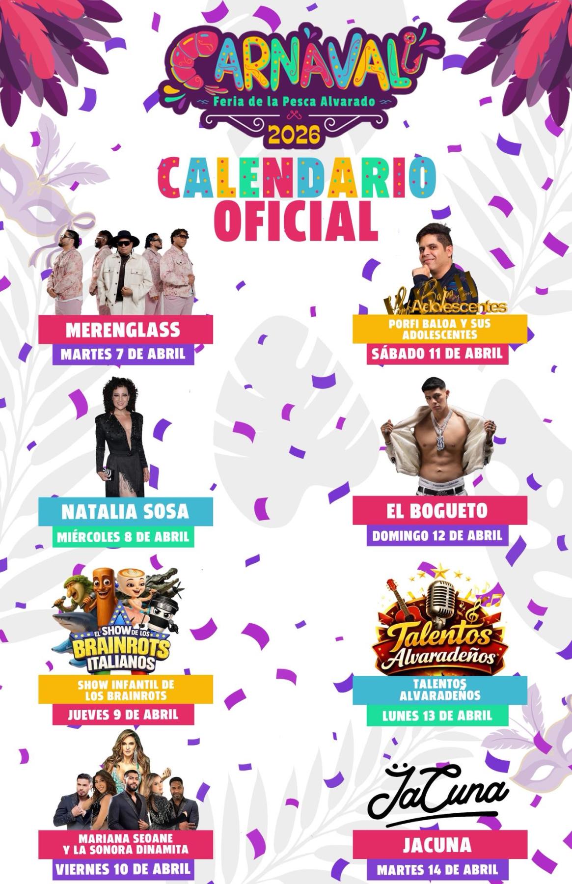 Cartelera Artística Carnaval Feria de la Pesca Alvarado 2026