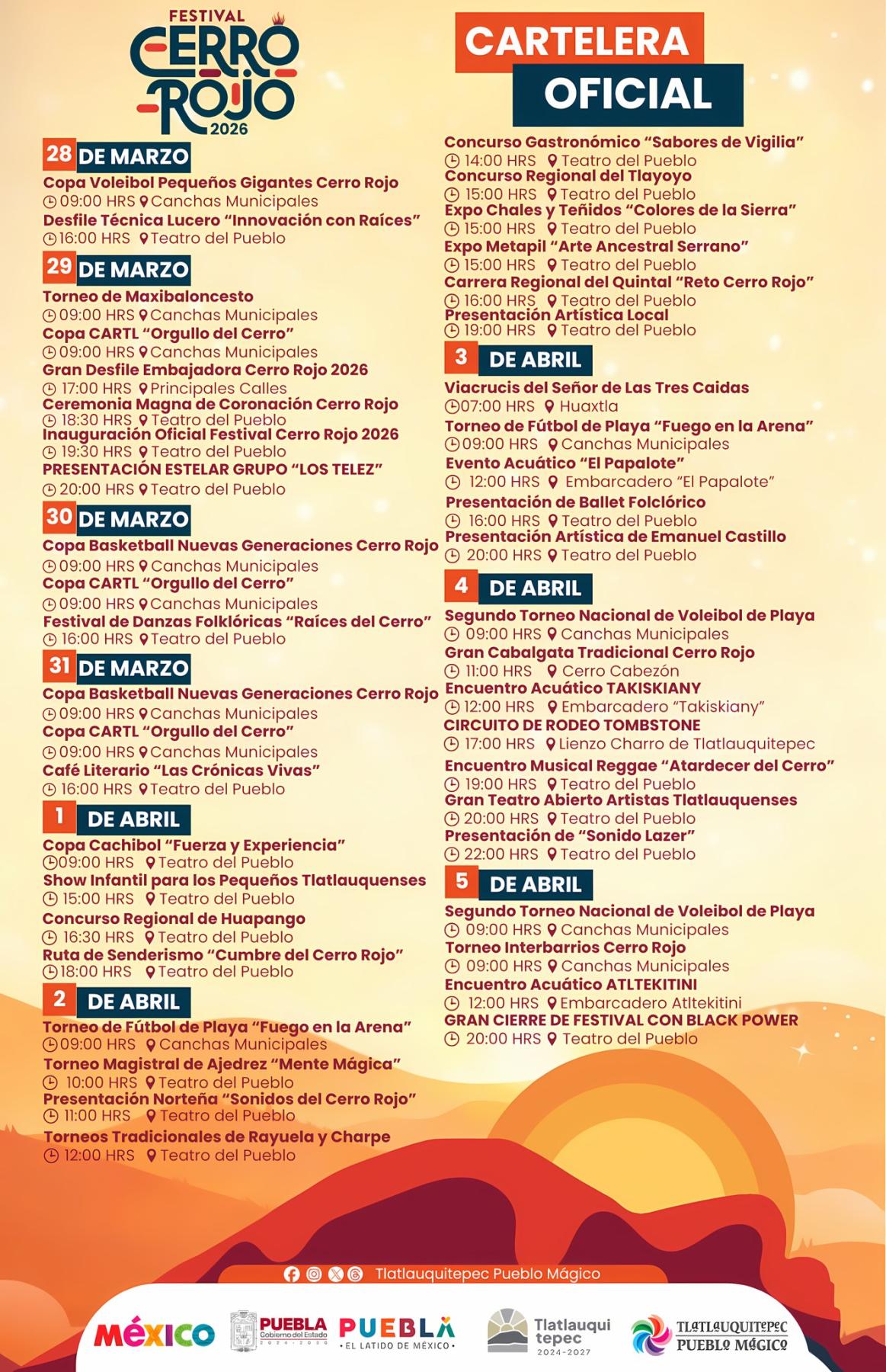 Programa Festival del Cerro Rojo Tlatlauquitepec 2026