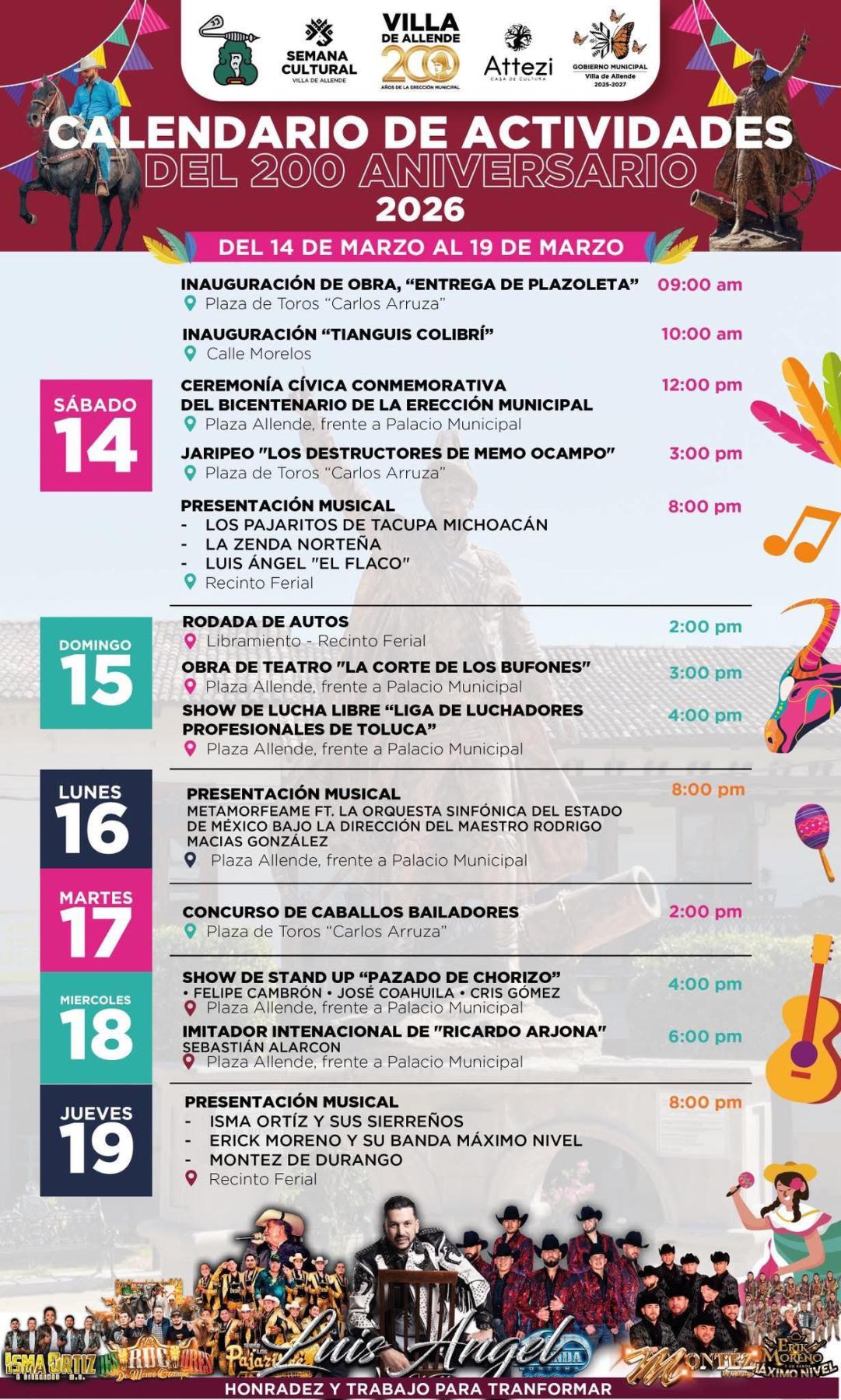 Cartelera artística y programa, Feria Villa de Allende 2026