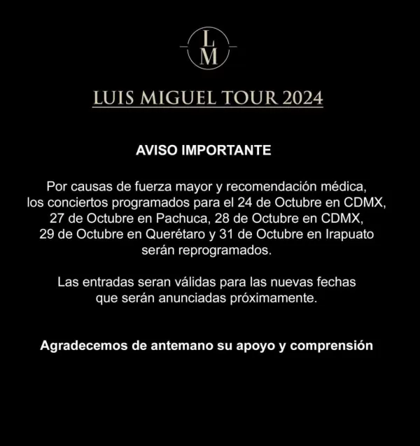 Luis Miguel reprograma conciertos de su tour 2024 en México por causas médicas